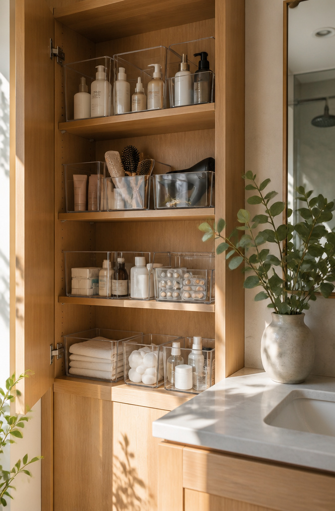 20 Small House Organization Ideas for a Tidier 2026 18 Bathroom cabinet filled with clear containers for storage.