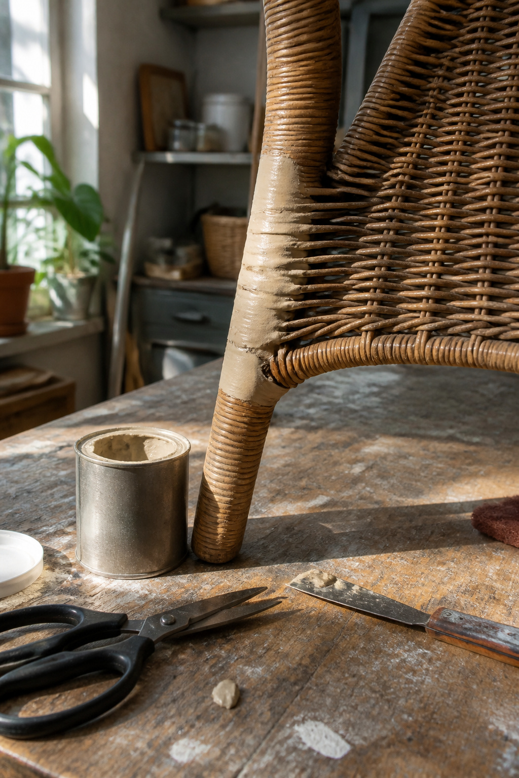 Wicker chair with wood-repair epoxy putty applied to damaged strands.