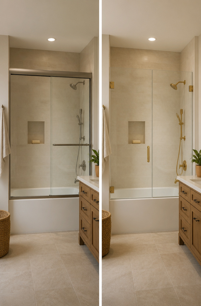 6 Bathroom with Bath and Shower Ideas for 2026 2 Frameless glass doors on a tub-shower combo in a bright bathroom.