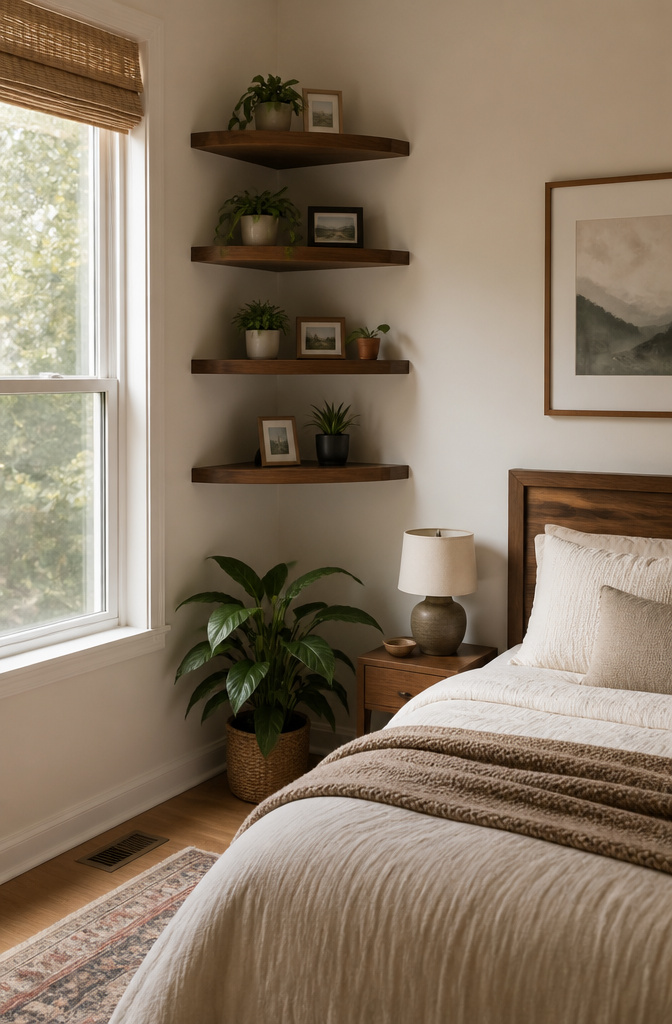 10 Small Bedroom Shelf Ideas for Tight Spaces 2 A set of corner shelves filled with small plants and photographs.