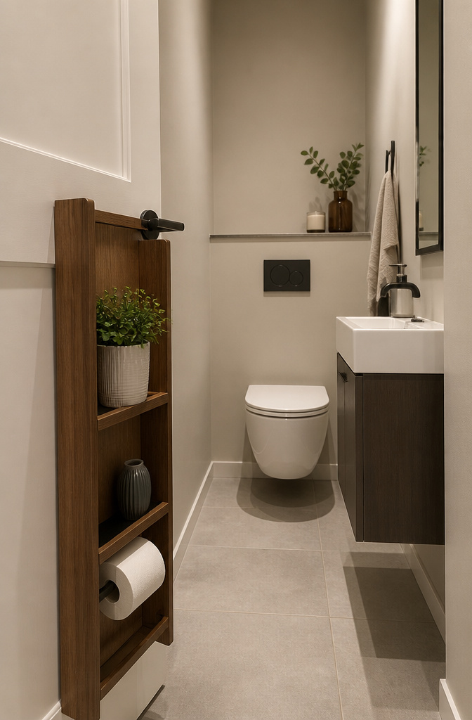 12 Downstairs Toilet Ideas for 2026: Fresh Research on Design 2 Compact bathroom with a slim console shelf and wall-mounted basin.