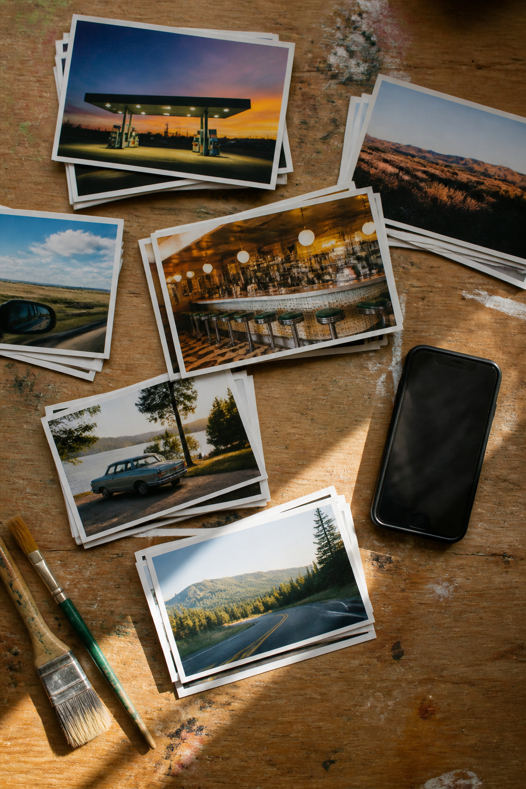 An assortment of printed photos laid out for a photo collage.