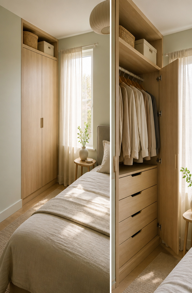 10 Small Bedroom Wardrobe Ideas for Space-Smart Storage in 2026 2 A slim built-in wardrobe against a bedroom wall.