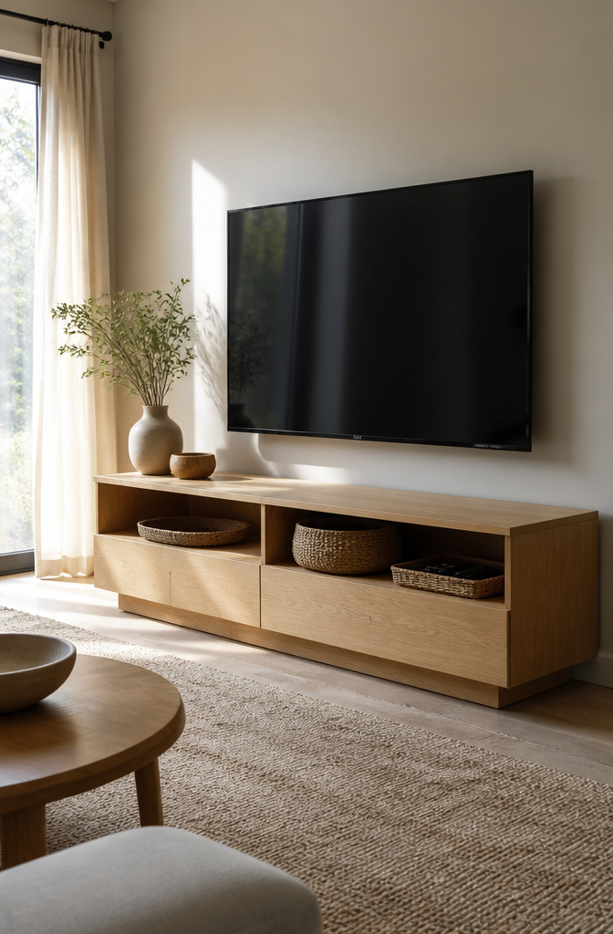 20 TV Cabinet Ideas That Blend Storage, Style and Smart Design 2 A minimal wooden TV console made of light-toned pine against a pastel wall.