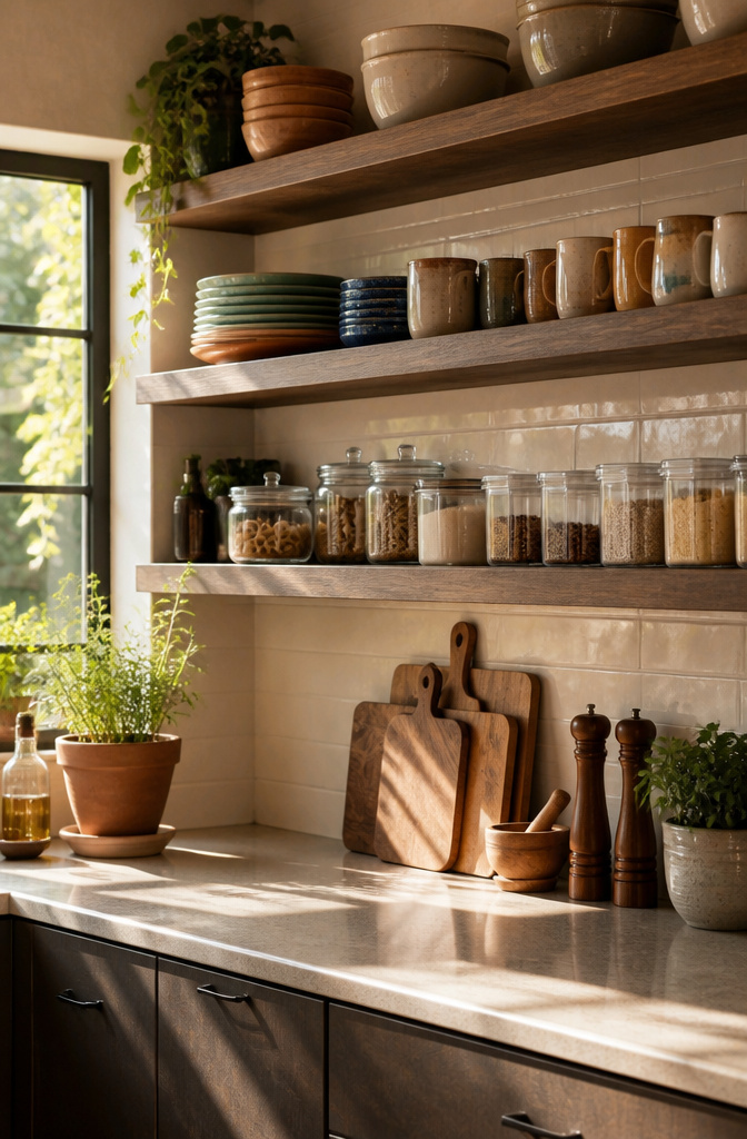 10 Kitchen Shelf Storage Ideas to Maximize Space in 2026 2 Wooden open shelves with dishware and glass jars in a kitchen.