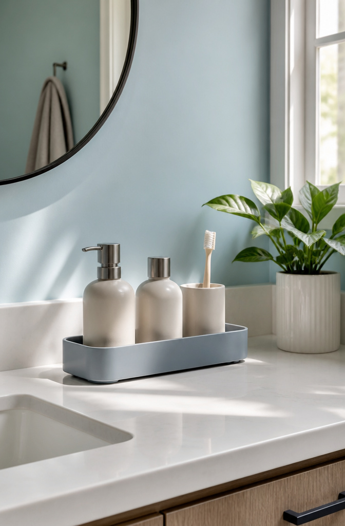 20 Small Bathroom Vanity Organization Ideas for 2026 2 A tray holds a soap dispenser, lotion, and toothbrushes on a bathroom counter.