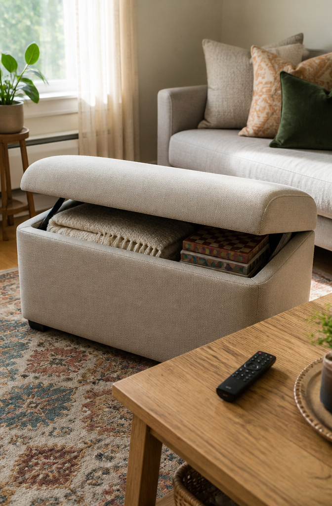 10 Storage Ideas for Small Spaces That Actually Work in 2026 2 A linen-upholstered storage ottoman with an open lid showing blankets and board games.