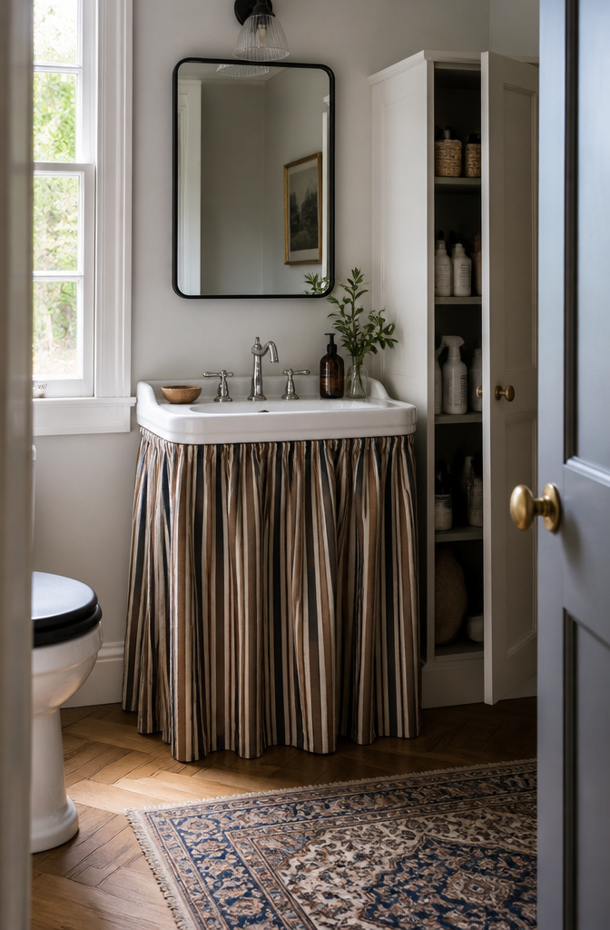 Bathroom with a pedestal sink covered by a striped fabric skirt.
