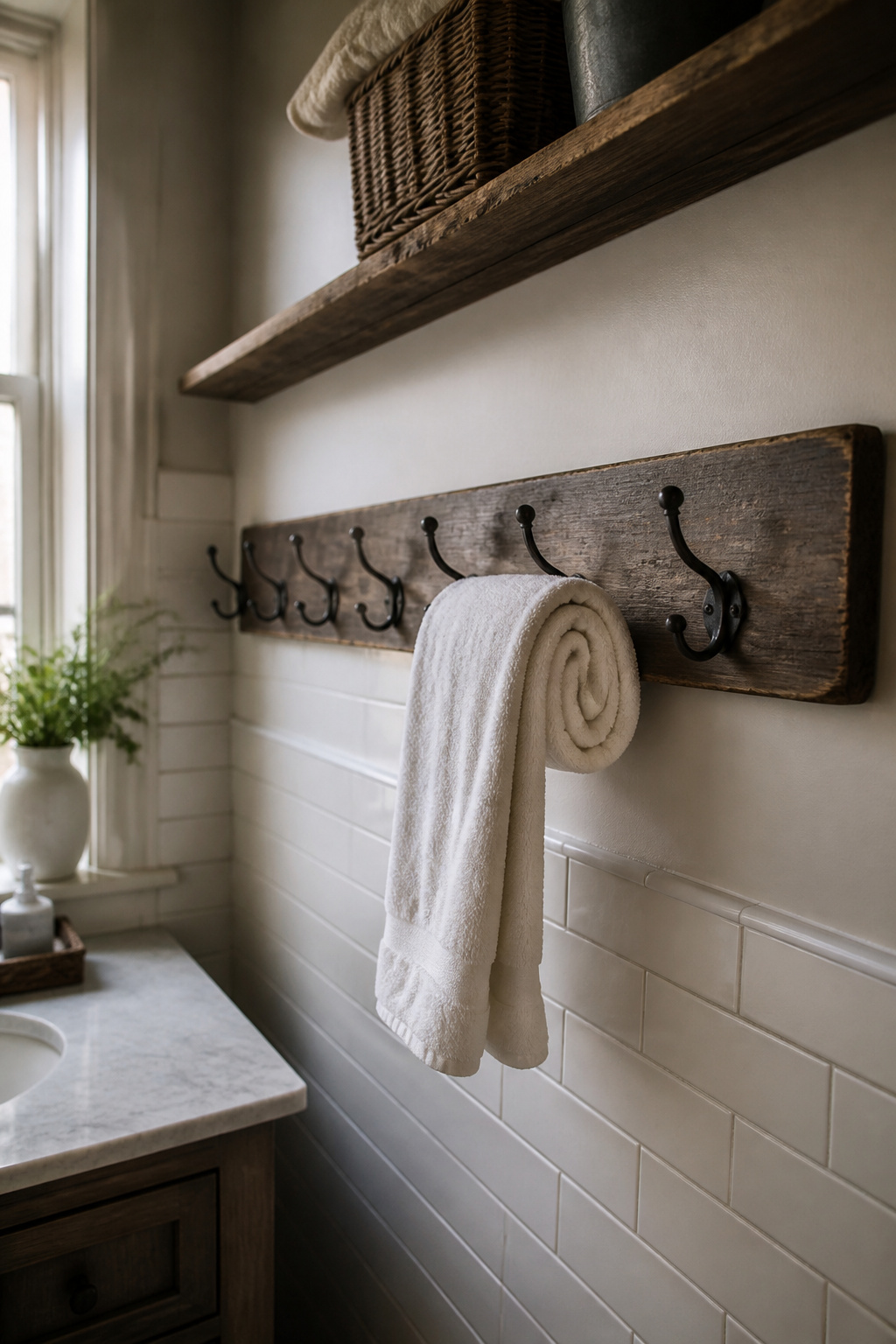 Rustic towel rack with six hooks made from barnwood.
