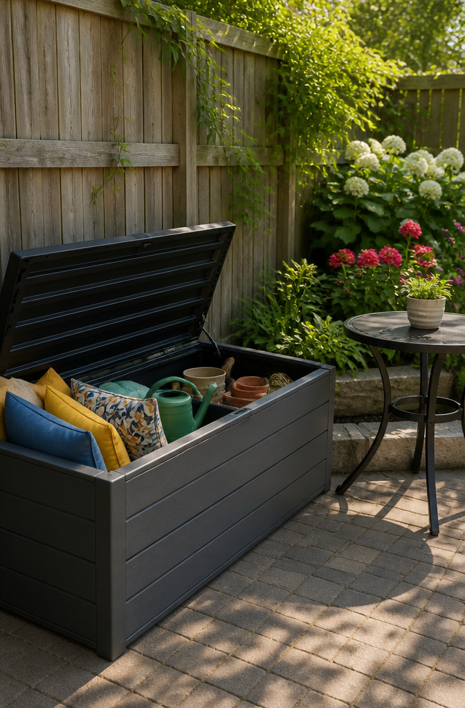 10 Little Backyard Ideas That Maximize Every Square Foot in 2026 2 A modern storage bench beside a wooden fence in a backyard.