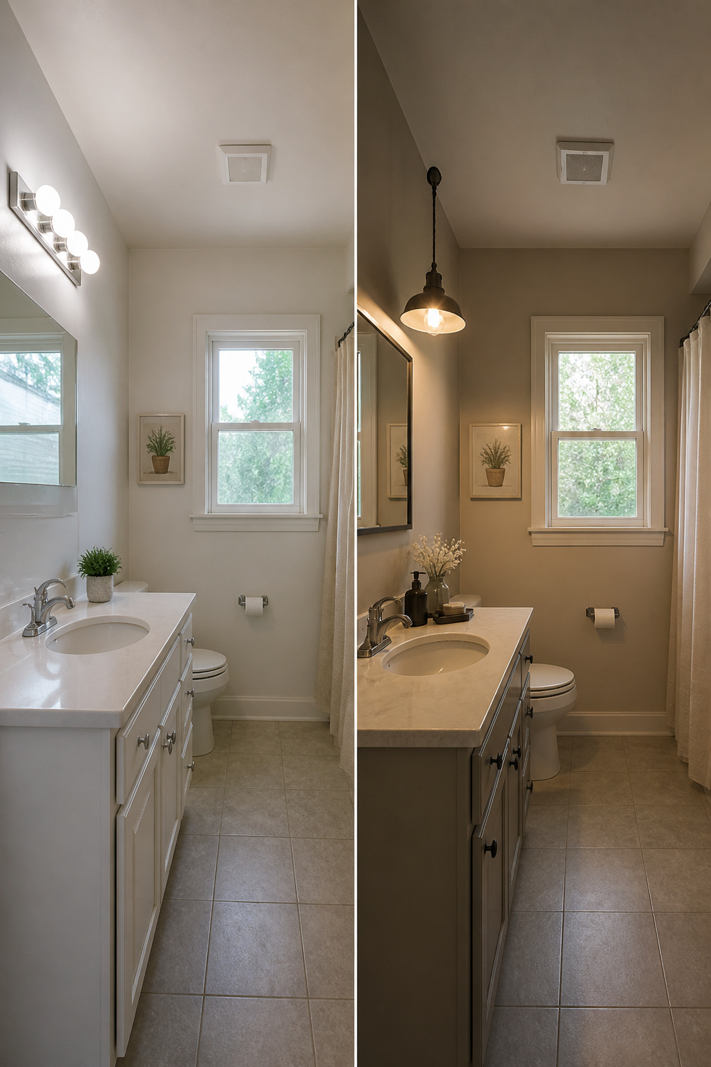 Standard Builder Grade Bathroom Light to Modern Farmhouse Makeover 2 Stylish pendant lights installed over a bathroom vanity.