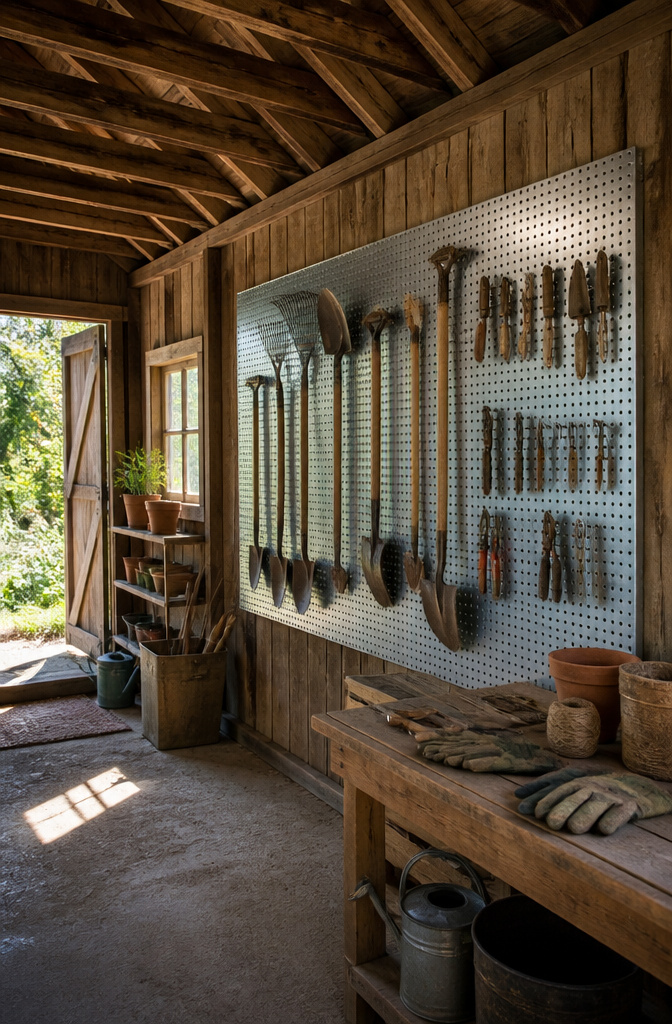 20 Garden Organization Ideas for Sheds, Tools and Supplies in 2026 2 A large pegboard displaying organized garden tools like rakes and shovels.