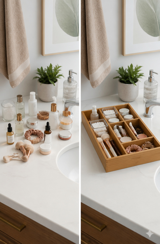 20 Small Bathroom Vanity Organization Ideas for 2026 20 A silverware tray and organizers are used to store bathroom items.