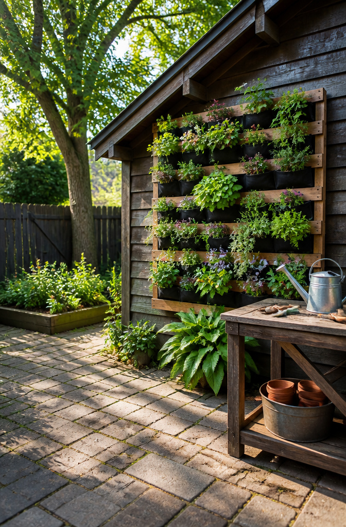 20 Garden Organization Ideas for Sheds, Tools and Supplies in 2026 20 A trellis and wall planters used for vertical gardening in a shed.