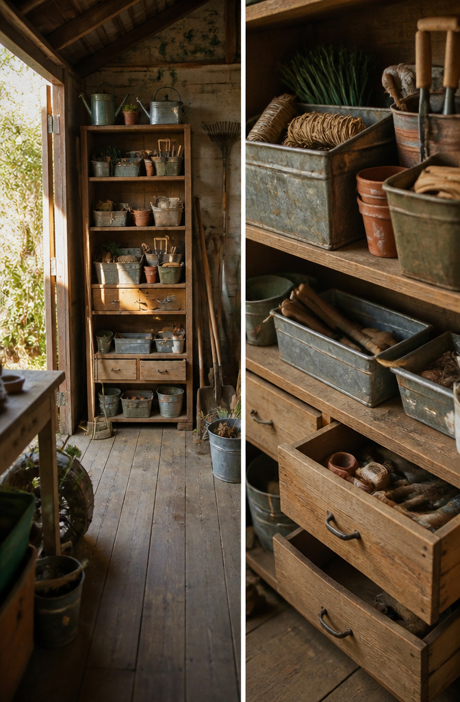 18 Shed Organization Ideas for Tools, Supplies and Storage (2026) 20 An old dresser used for storing nails and screws in a shed.