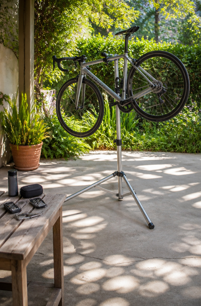 11 Eco-Friendly Bike Storage Ideas: Sustainable Ways to Store Your Bike (2026) 3 A portable bike stand supporting a sleek road bike.