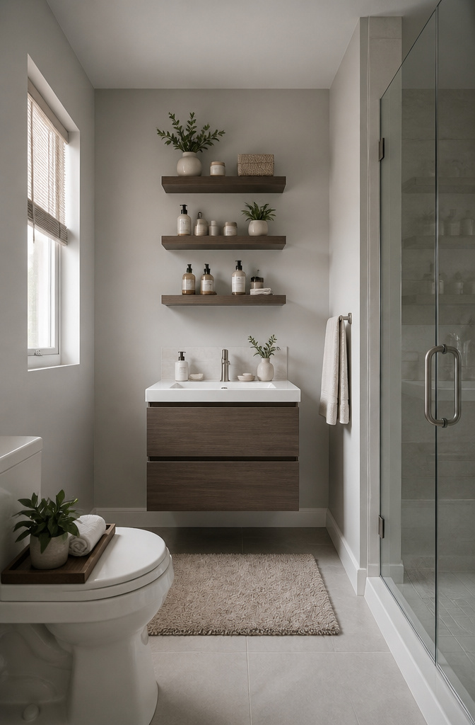 20 Small Bathroom Vanity Organization Ideas for 2026 3 A small floating shelf holds bathroom items above a vanity.