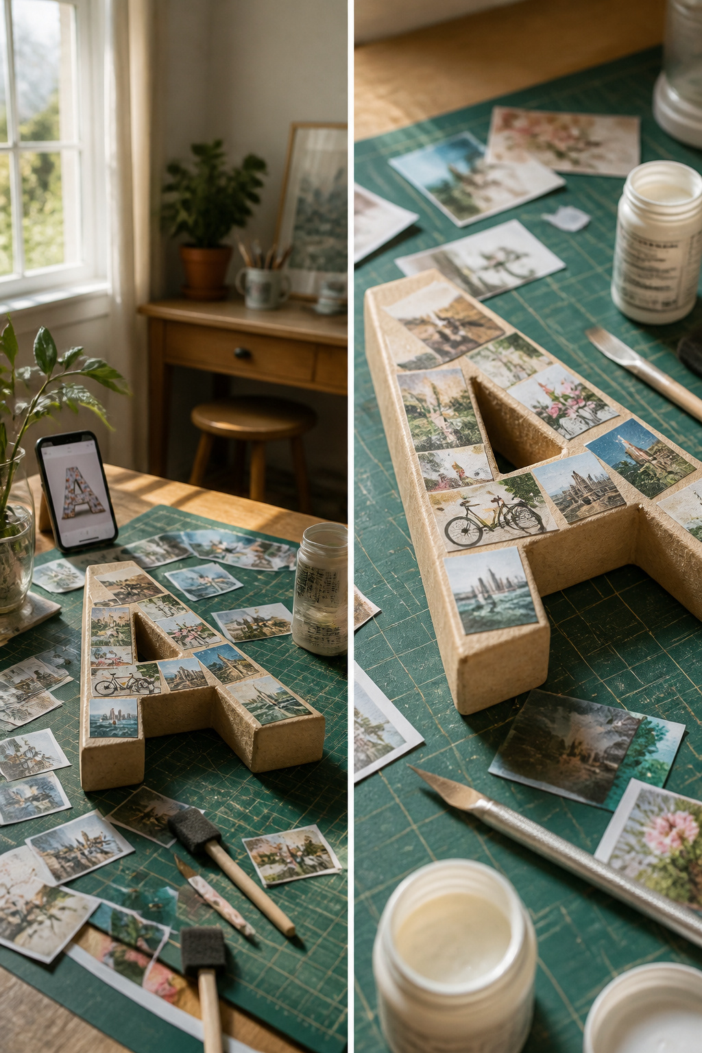 A layout of photos on a letter before adhering them with Mod Podge.