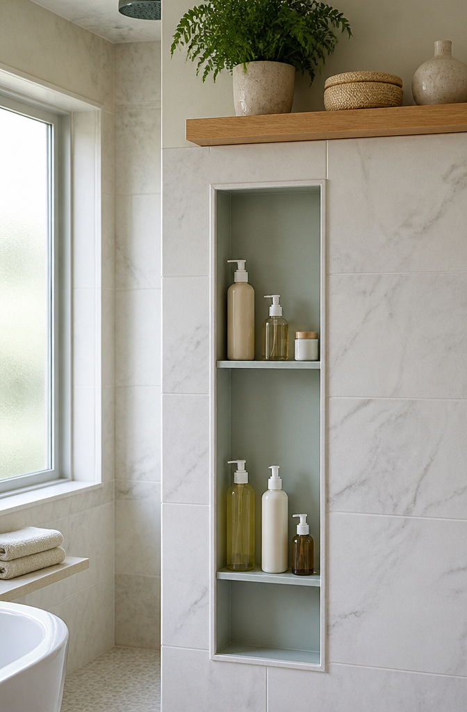 10 Master Bath Storage Ideas That Use Built-In Space (2026) 3 A wall niche displaying toiletries with a shallow design for easy access.