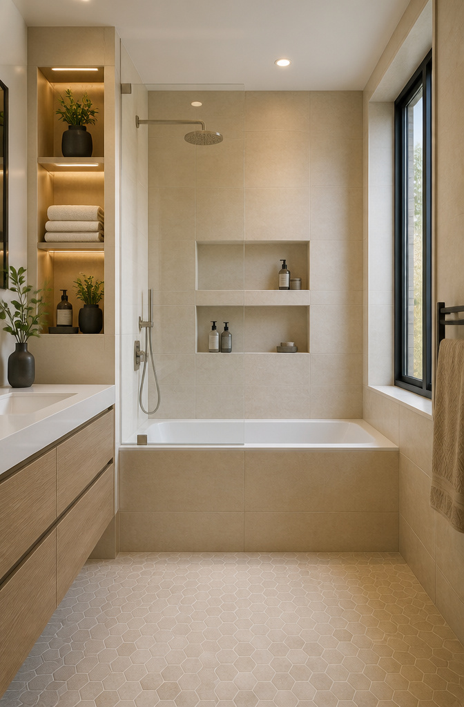 6 Bathroom with Bath and Shower Ideas for 2026 3 Recessed niches integrated into beige tiled walls near the tub.
