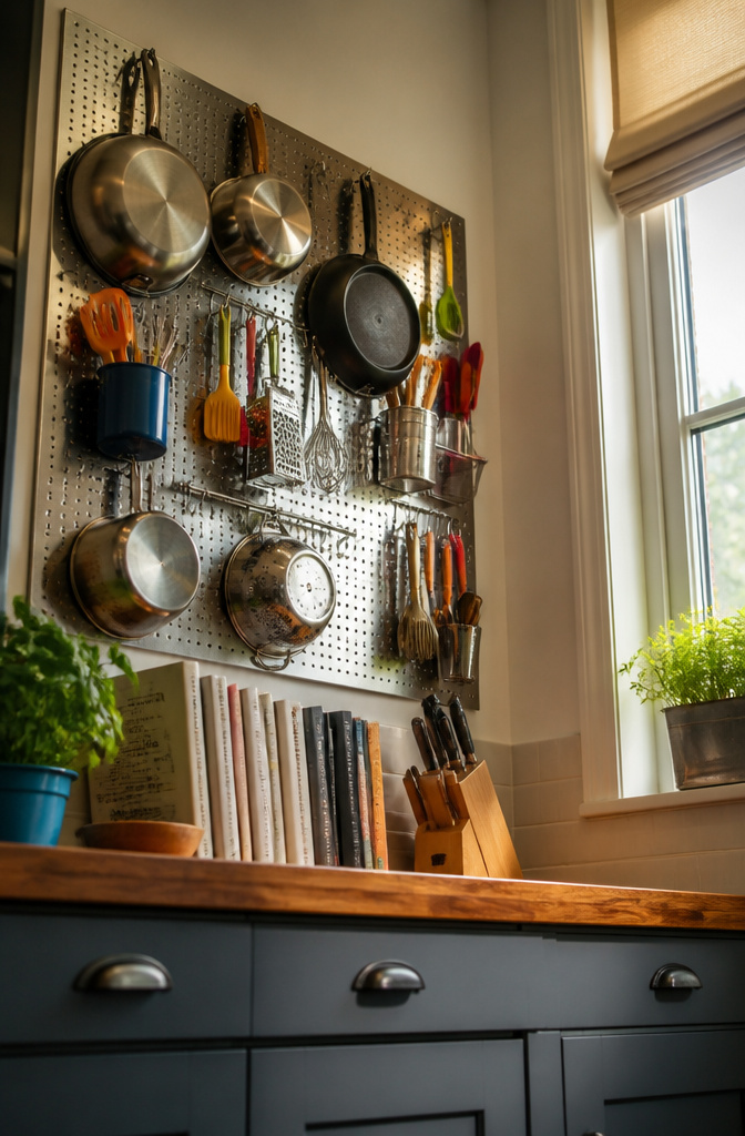 10 Storage Ideas for Small Spaces That Actually Work in 2026 3 A mounted pegboard on a wall displaying various kitchen tools and cookware.