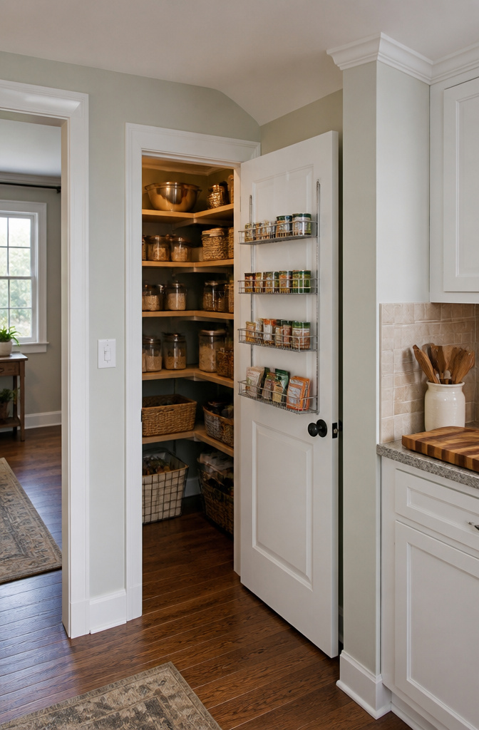 9 Small Pantry Shelves Ideas That Use Every Inch (2026) 3 A wire shelf mounted on a pantry door holding small cans and packets.