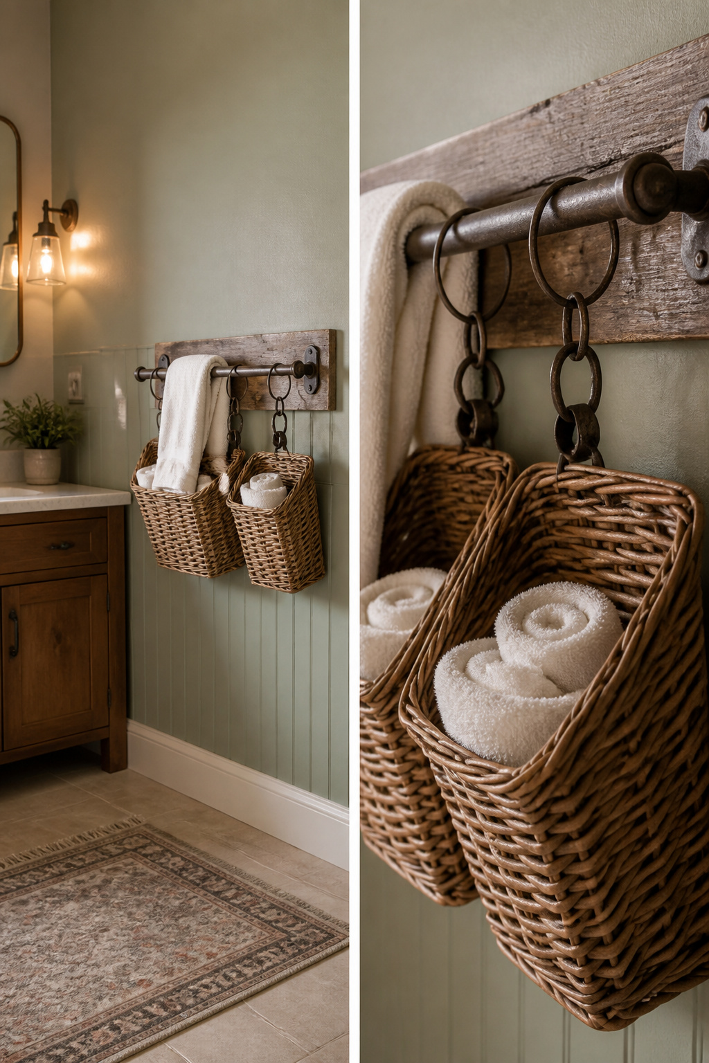 Towel bar with baskets underneath for towel storage.