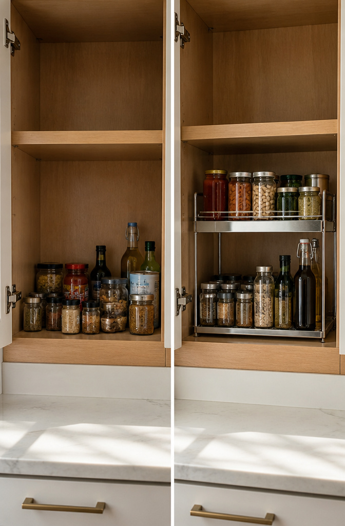 12 Apartment Kitchen Storage Ideas for Tight Spaces (2026) 3 A tiered shelf inside a cabinet holding various items.