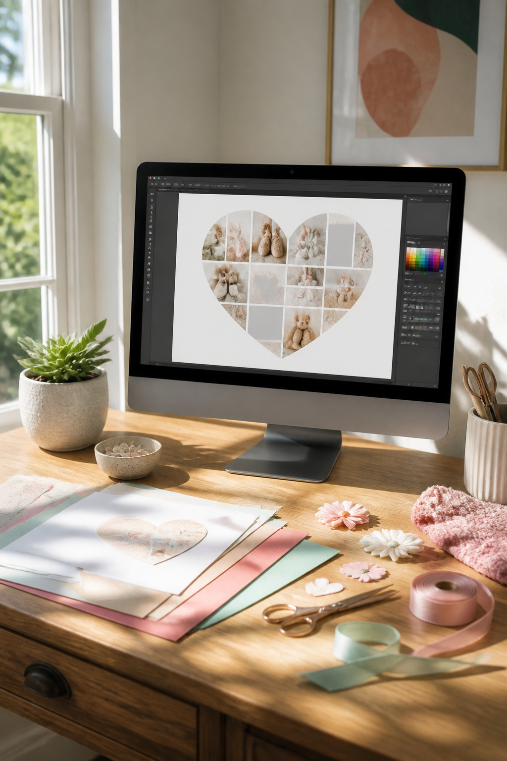 Baby Shower Card Heart Shaped Collage: Ideas for 2026 3 A heart photo collage template on a screen surrounded by crafting materials.