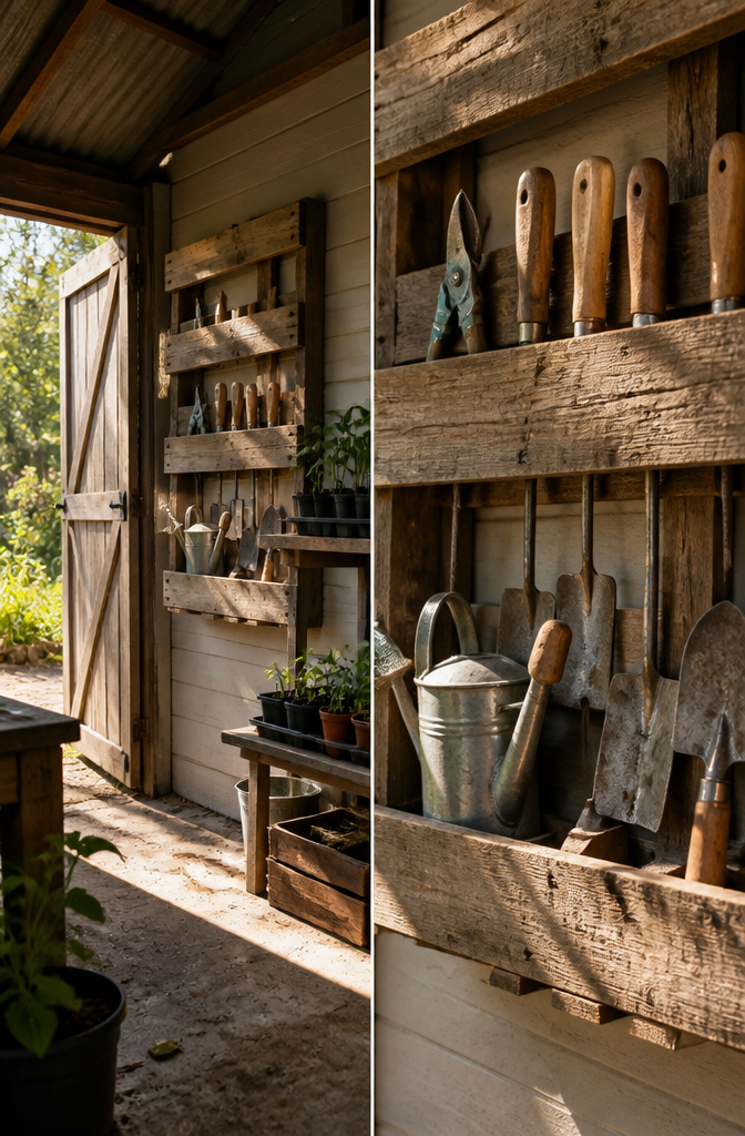 20 Garden Organization Ideas for Sheds, Tools and Supplies in 2026 3 Old pallets and a wooden ladder used for vertical tool storage.
