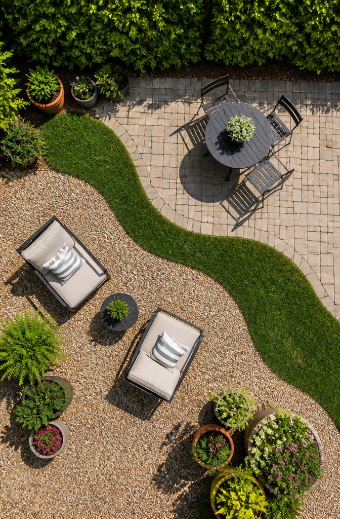 10 Little Backyard Ideas That Maximize Every Square Foot in 2026 3 Different materials like pavers and gravel create zones in a backyard.