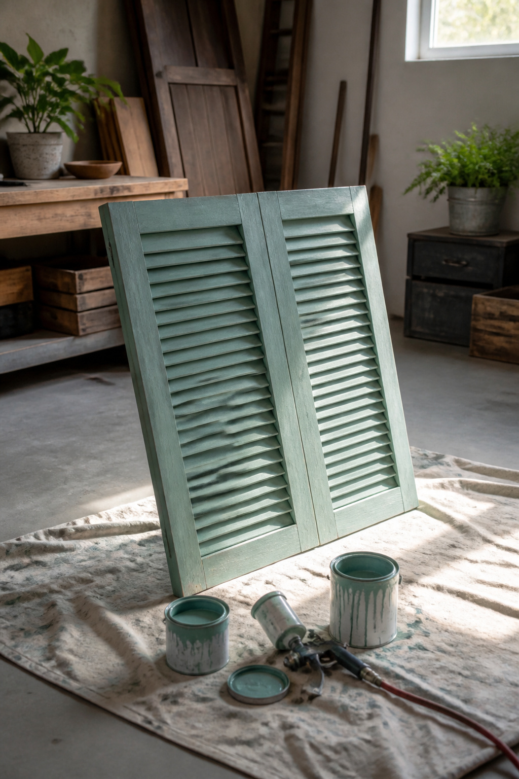 Shutters painted with chalk paint, showcasing their texture.