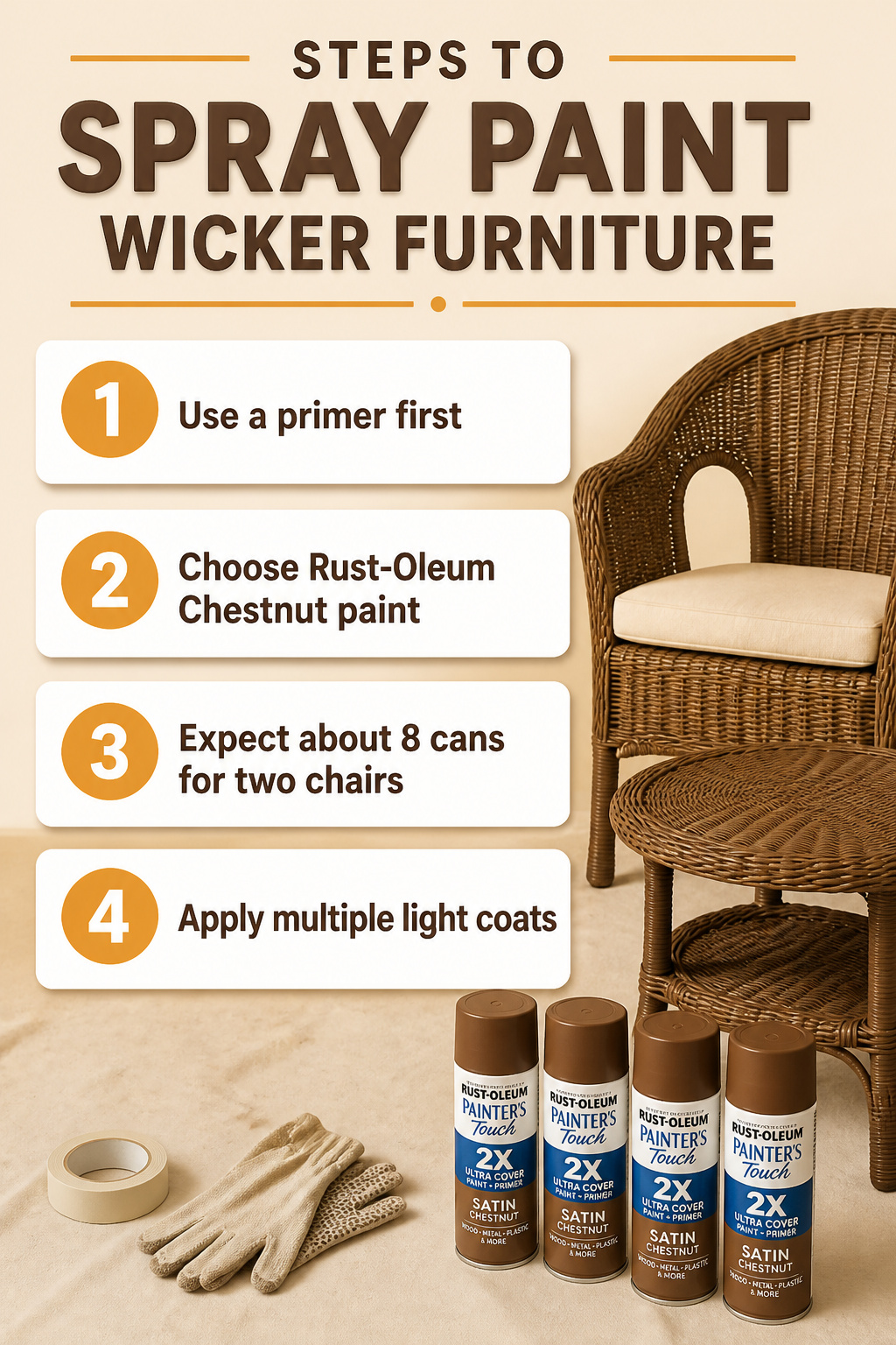 Cans of Rust-Oleum spray paint set next to a wicker chair.