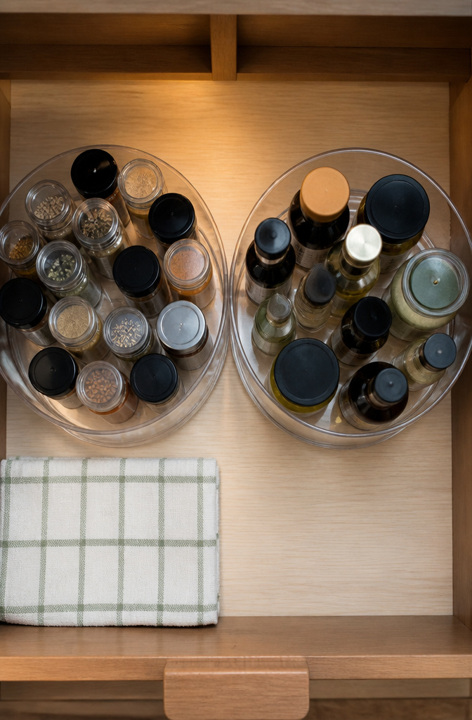 10 Small Pantry Ideas That Maximize Storage in Tight Kitchen Spaces 3 Two acrylic lazy Susans lined up on a pantry shelf.