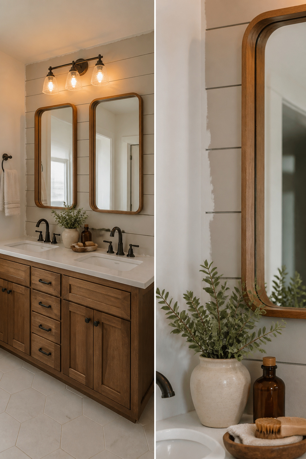 Standard Builder Grade Bathroom Light to Modern Farmhouse Makeover 3 Two framed mirrors mounted above a bathroom vanity.