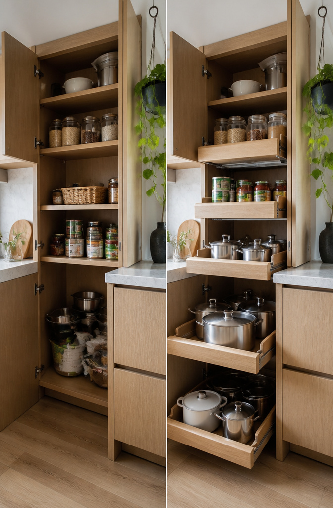 10 Kitchen Shelf Storage Ideas to Maximize Space in 2026 4 Pull-out shelves in a kitchen cabinet displaying various items.