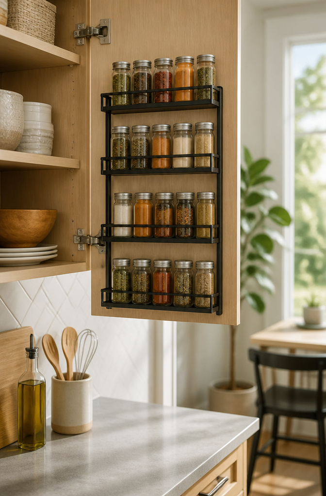 12 Apartment Kitchen Storage Ideas for Tight Spaces (2026) 4 A spice rack displaying jars of spices inside a cabinet door.