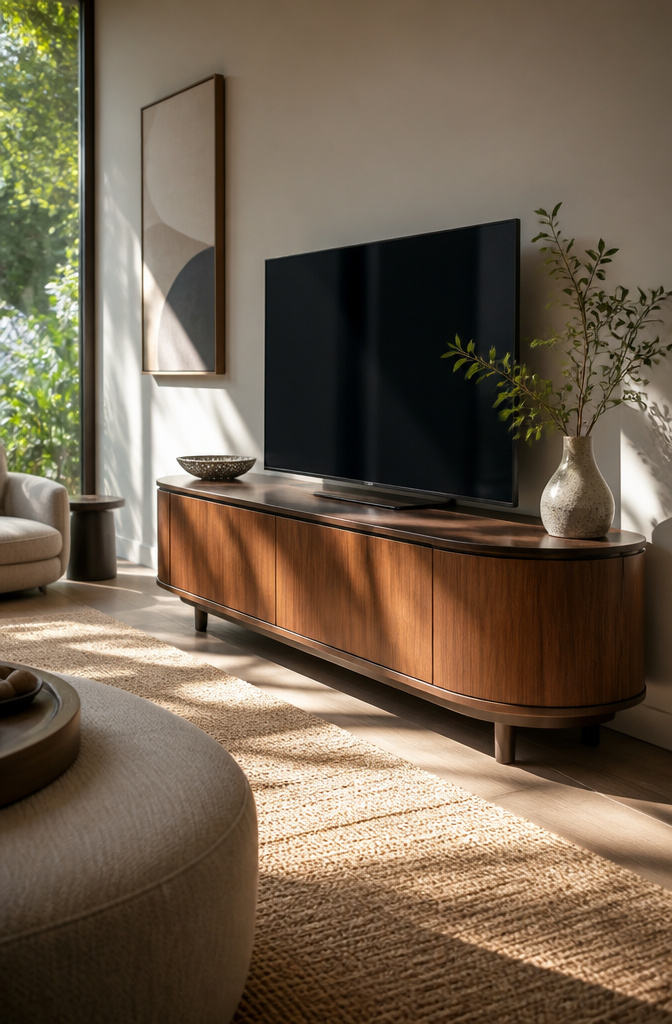 20 TV Cabinet Ideas That Blend Storage, Style and Smart Design 4 A curved TV unit with rounded edges showcased in a stylish living space.