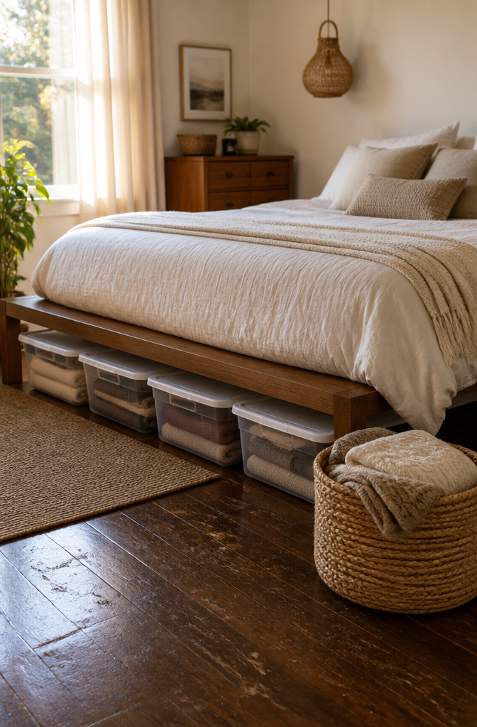 10 Storage Ideas for Small Spaces That Actually Work in 2026 4 Long plastic containers labeled and stored under a platform bed.