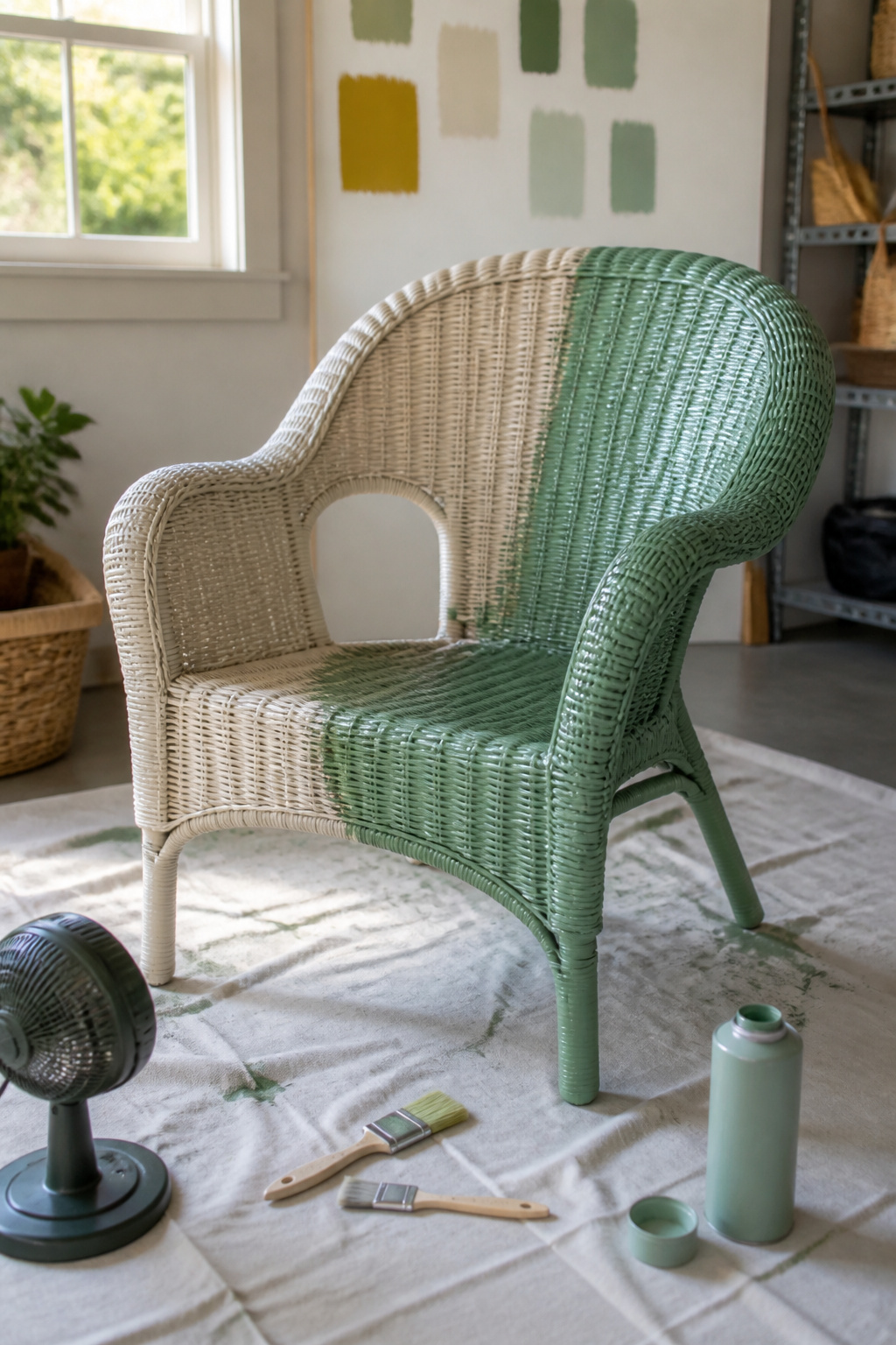 Partly painted wicker chair resting on a drop cloth in a garage.