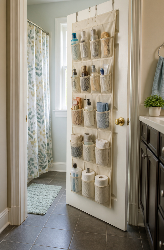 20 Small Bathroom Vanity Organization Ideas for 2026 4 A pocket organizer hangs on a cabinet door filled with toiletries.