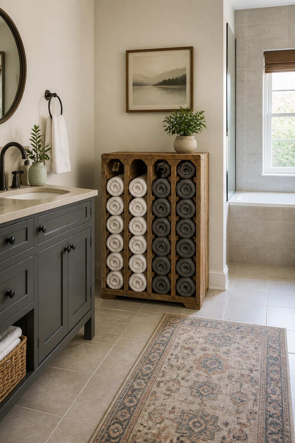 Wine rack repurposed to store rolled hand towels.