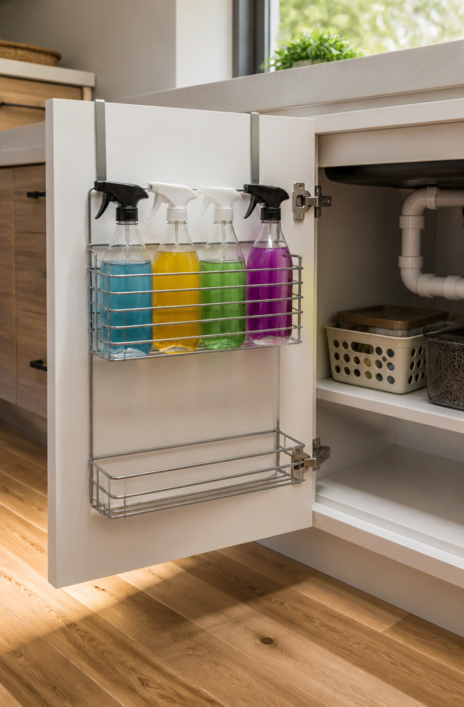 How to Organize Your Kitchen Sink Cabinet: 8 Ideas for 2026 4 Spray bottles stored in an over-the-door organizer inside a cabinet.