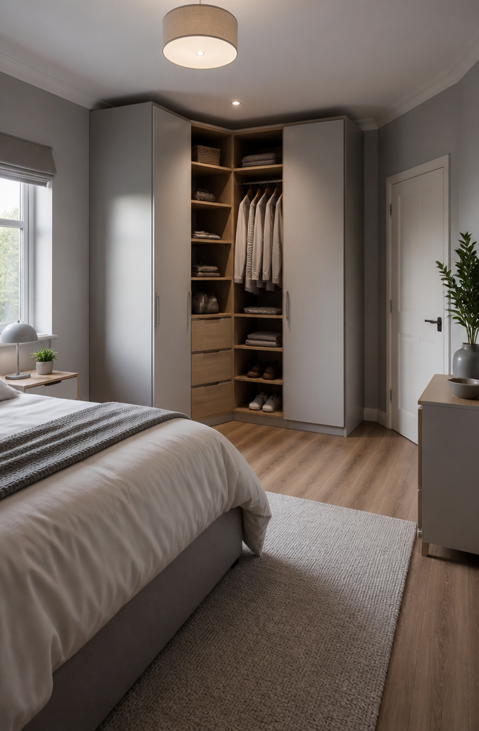10 Small Bedroom Wardrobe Ideas for Space-Smart Storage in 2026 4 An L-shaped corner wardrobe fitted into a bedroom corner.