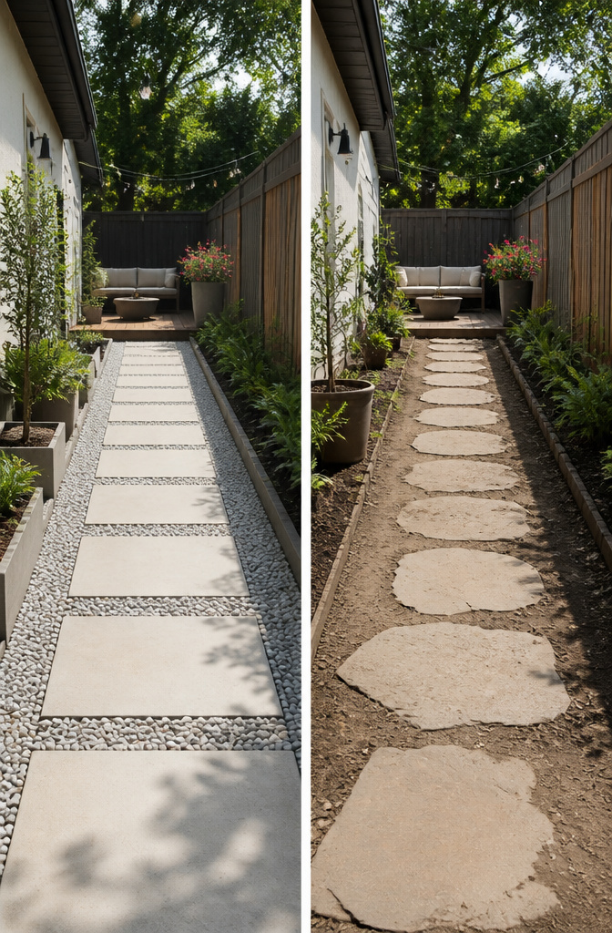 10 Little Backyard Ideas That Maximize Every Square Foot in 2026 4 A gravel path with concrete pavers in a small backyard.