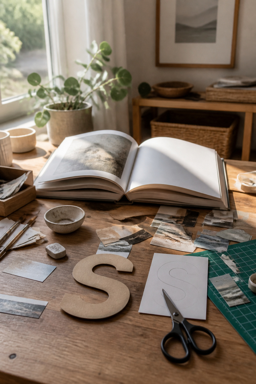 A letter 'S' next to a cut-out photo and scissors on a workspace.