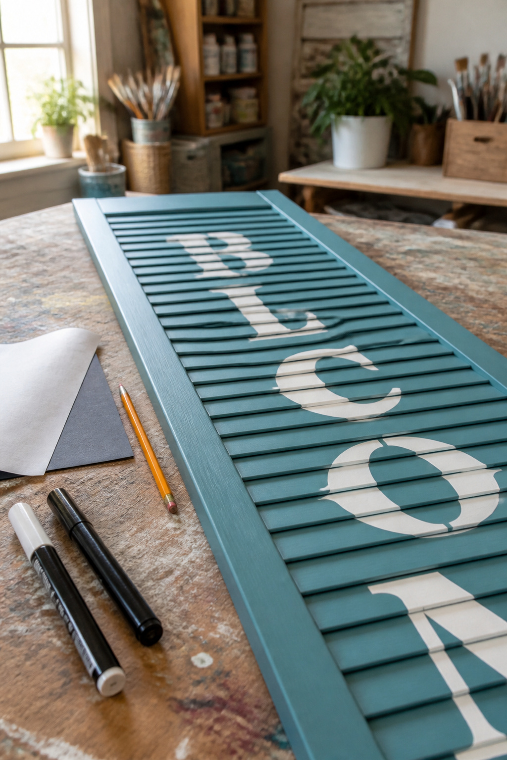 A printed word and carbon paper used for stenciling on wood.