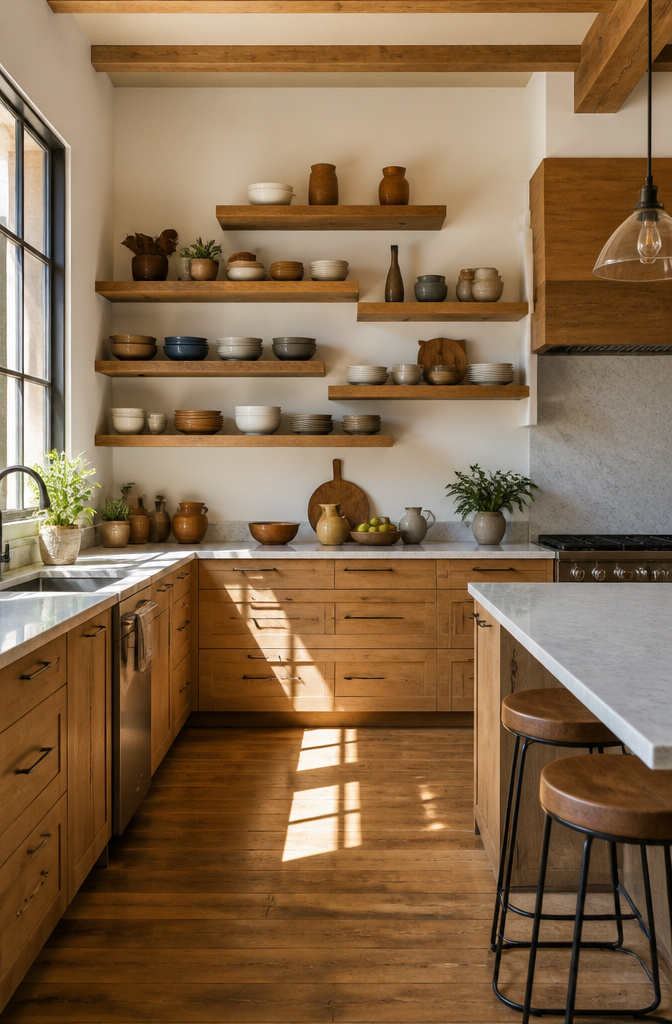 15 No Kitchen Cabinets Storage Ideas for 2026 4 Staggered floating shelves displaying kitchen items between a fridge and window.