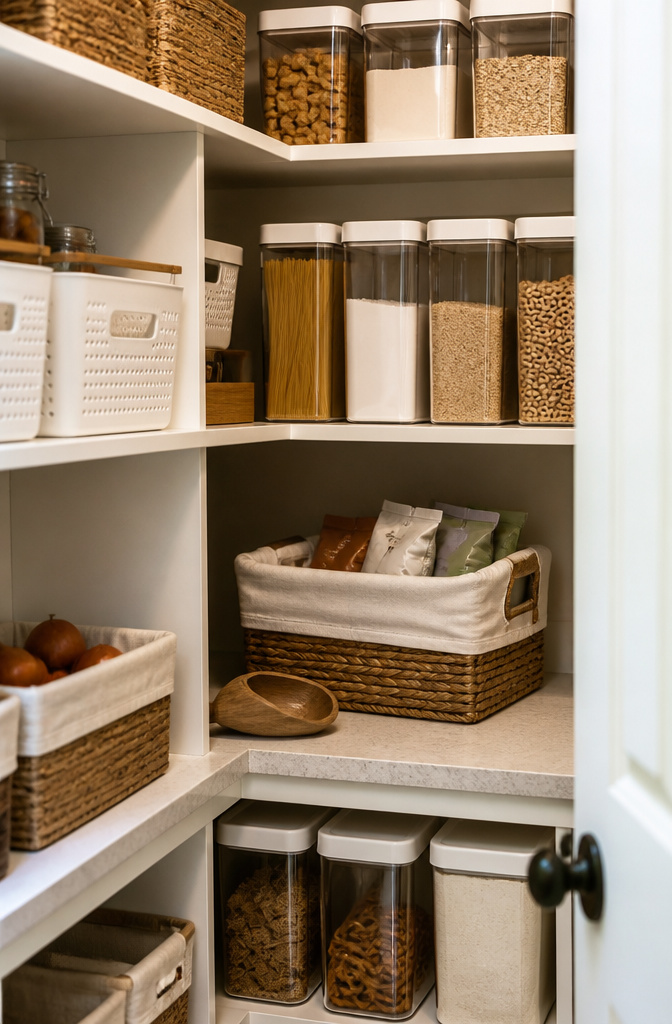 10 Small Pantry Ideas That Maximize Storage in Tight Kitchen Spaces 5 Containers with clear labels for snacks and baking supplies.