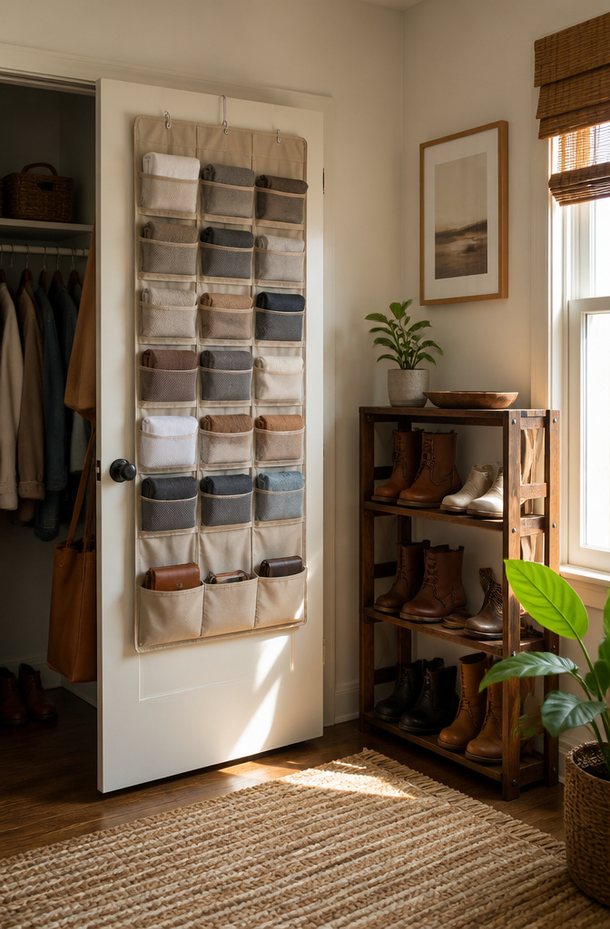 20 Small House Organization Ideas for a Tidier 2026 5 A door-mounted organizer with mesh pockets for clothing.